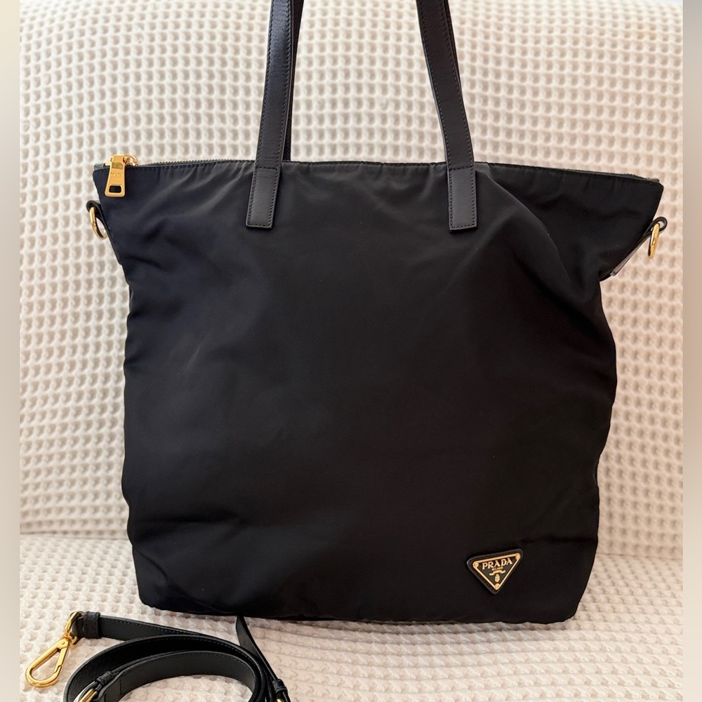 Prada Black Nylon Tote with Gold Accents